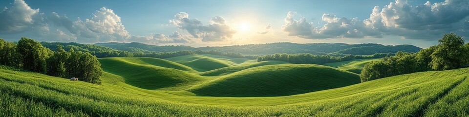 Cows graze peacefully in a green pasture surrounded by trees, Red barn sits on rolling hills in a peaceful countryside, with cows grazing nearby. blue sky surrounded by lush green fields.
