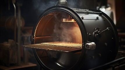 Obraz premium A photo of an empty drum roaster with an open lid.