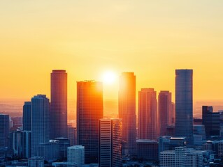 Fototapeta premium A vibrant sunset illuminates a city skyline, casting a warm glow on modern skyscrapers and creating a picturesque urban landscape.