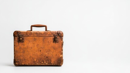 This image features a vintage leather suitcase that has a distinctly worn and weathered exterior, embodying travel, nostalgia, and the passage of time beautifully.