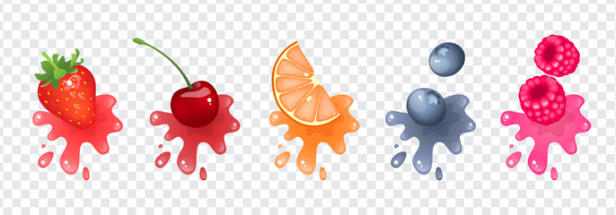 Strawberry, cherry, orange, blueberry, raspberry. Beautiful bright fruits and berries with juice stains. Set of isolated vector illustrations on transparent background