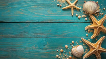 A vibrant arrangement of seashells and starfish on a rustic wooden background, evoking a coastal vibe.