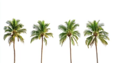 A row of four lush green palm trees against a bright white background, evoking a tropical and refreshing feel.