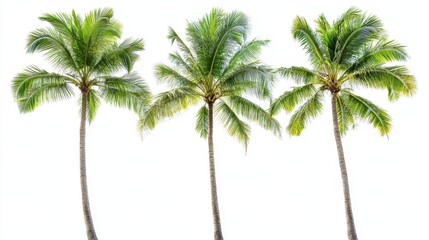 Obraz premium Three tall, lush green palm trees standing against a bright, white background, evoking a tropical paradise feel.