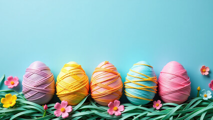 vibrant threads form colorful easter eggs serene blue background showcasing festive design