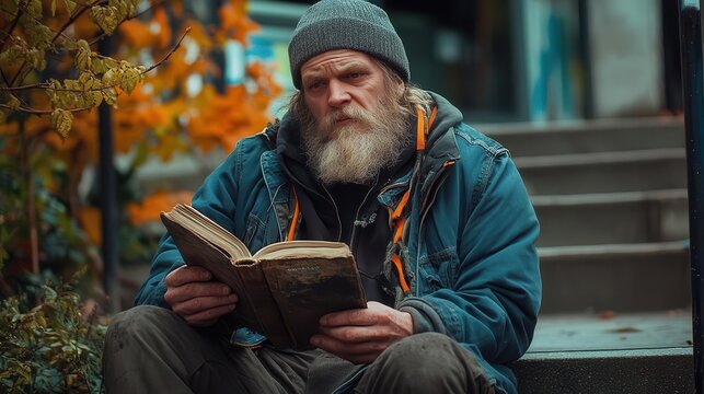 Homeless man reading a weathered book, sitting on steps near a library, contrast of knowledge and poverty