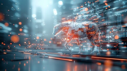 Futuristic digital canine walks through a neon cityscape art illustration urban environment high-tech conceptual viewpoint