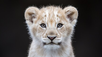 Fototapeta premium Close-up of a white lion cub, front view, dark background. Possible use stock photo