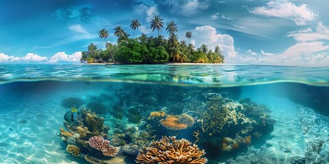 A panoramic view of a tropical paradise with golden sandy beaches clear aquamarine waters and colorful coral reefs visible beneath the surface Tropical Island Escape