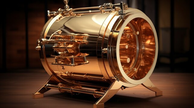 A photo of an empty drum roaster with polished brass parts.