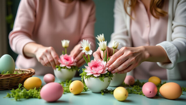 women carefully place flowers decorative eggs festive springtime easter