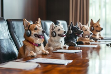 Dogs wearing headphones are sitting at a conference table, participating in a business meeting