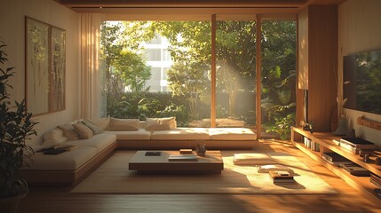 Sunlit modern living room with large window overlooking lush garden.