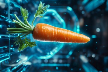 Fresh carrot floating against a vibrant backdrop of glowing blue lines and digital particles, representing food technology concepts