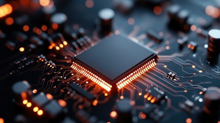This captivating image reveals a microchip's design, showcasing a dramatic layout of circuits illuminated in a warm glow, evoking a sense of technological beauty and complexity.