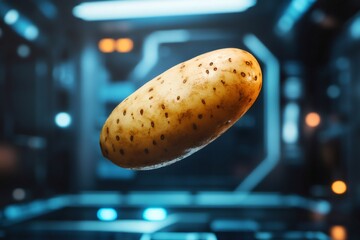 Single potato hovering in a high tech setting, illuminated by blue lights, creating a surreal and futuristic atmosphere