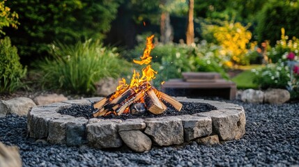 A peaceful outdoor fire pit with logs burning, bright flames casting a warm glow on the surrounding area. -
