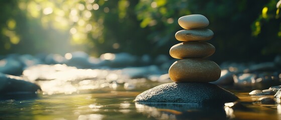 Obraz premium Serenity flows as sunlight dances delicately over a zen-like cairn, balancing stones in a tranquil stream surrounded by lush greenery.