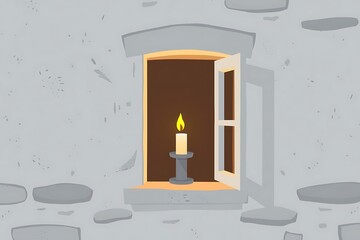 Fototapeta premium Candle Flame Flickering in Open Window Creating a Cozy Atmosphere