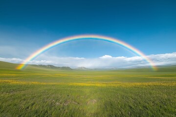 Naklejka premium Vibrant rainbow after rain arcs over lush green meadow under mild weather. Concept: beauty of nature showcasing rainbow after rain amid serene landscape.
