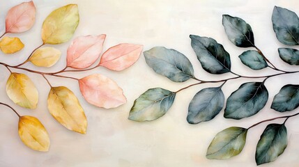 A delicate watercolor illustration featuring two branches of leaves in soft hues, one in warm colors and the other in cool tones, creating a serene aesthetic.