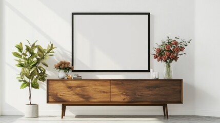 A mockup of an empty, blank poster frame on top of a modern sideboard with flowers in vases next to it. The image is taken from the front and shows the entire length of the wall.