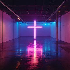 Neon cross, warehouse, reflection, worship