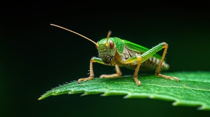 Naklejka premium A close-up view of a lively grasshopper clinging to a leaf surface, displaying its vivid green color and fine details under natural lighting conditions.