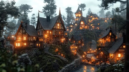 Fantasyinspired medieval hill town with glowing homes, enchanted forest surroundings, magical atmosphere, vibrant fairytale village