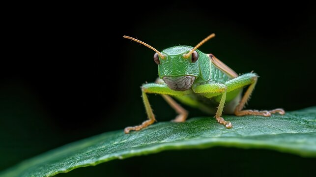An artistic close-up of a vivid green grasshopper resting on the edge of a leaf, perfectly capturing its unique features in a tranquil nature setting. - Powered by Adobe