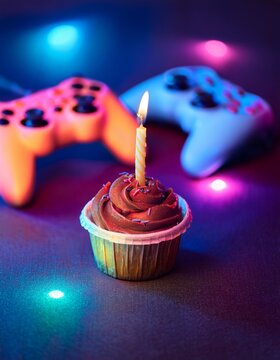 Tiny birthday cupcake with videogame controllers at the side	
