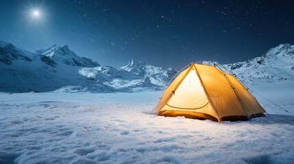 A glowing yellow tent stands out against the serene snowy landscape under a night sky, inviting adventure amidst the stunning winter wilderness and majestic mountains.