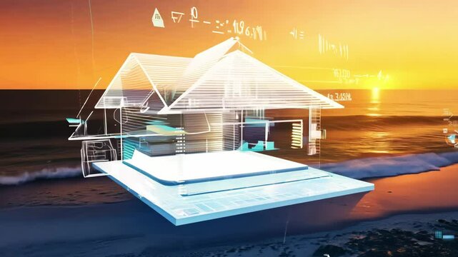 A digital holographic model of a smart home on a beach, showcasing innovative technology and design with a sunset backdrop.
