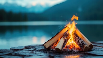 A serene campfire burnishes logs beside a tranquil lake with a backdrop of captivating mountains, creating a perfect ambiance for relaxation and reflection in nature.