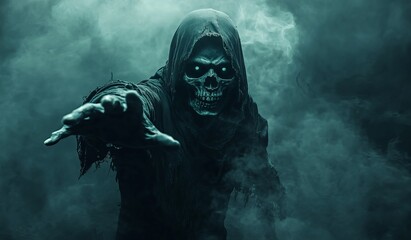 A grim reaper with his hand outstretched in front of him, pointing at the camera, against a dark and misty background