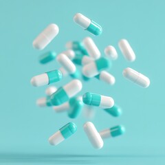 Floating blue and white Capsules on blue background.