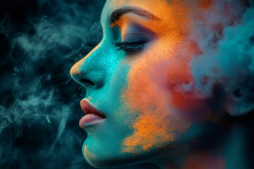 Vibrant colorful face with artistic smoke effects