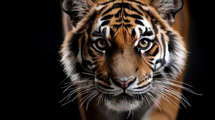 Naklejka premium A close-up shot of a tiger's face showcasing its mesmerizing eyes and detailed fur, illustrating the essence of wild beauty and the spirit of the natural world.