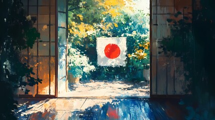 Classic Japan flag design, featuring a bold red sun on a white canvas, universally recognized in sports, politics, and heritage projects, comic book art style