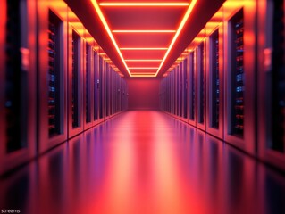 Fototapeta premium Data center hallway with servers and neon lights