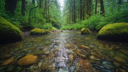 Obraz premium Misty Rainforest Creek Flowing Through Lush Foliage. Possible use Nature Stock Photography