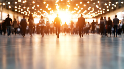 Business professionals striding through illuminated hallway during evening networking event