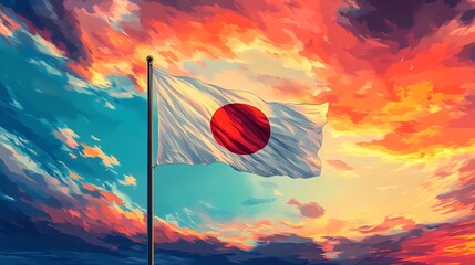Classic Japan flag design, featuring a bold red sun on a white canvas, universally recognized in sports, politics, and heritage projects, comic book art style