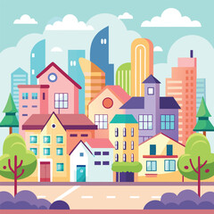 Colorful Urban Skyline with Vibrant Neighborhood Illustration