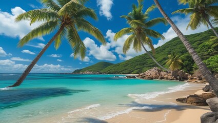 Sunny Coastal Landscape with Pristine Beach and Palm Groves