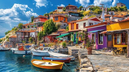 Medieval hill town with colorful homes and a majestic castle at the summit, historical grandeur, vibrant architectural harmony, regal village