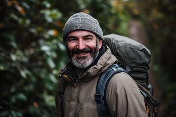a happy, smiling man with a beard, wearing an outdoor jacket and backpack, hiking in a forest