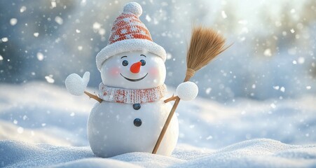 cute snowman with his broom is standing in the falling snow, smiling and waving at you
