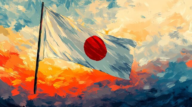 Classic Japan flag design, featuring a bold red sun on a white canvas, universally recognized in sports, politics, and heritage projects, comic book art style