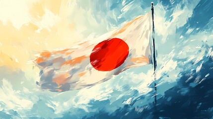 Classic Japan flag design, featuring a bold red sun on a white canvas, universally recognized in sports, politics, and heritage projects, comic book art style